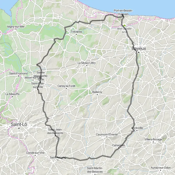 Map miniature of "The Hills and Valleys of Normandy" cycling inspiration in Basse-Normandie, France. Generated by Tarmacs.app cycling route planner