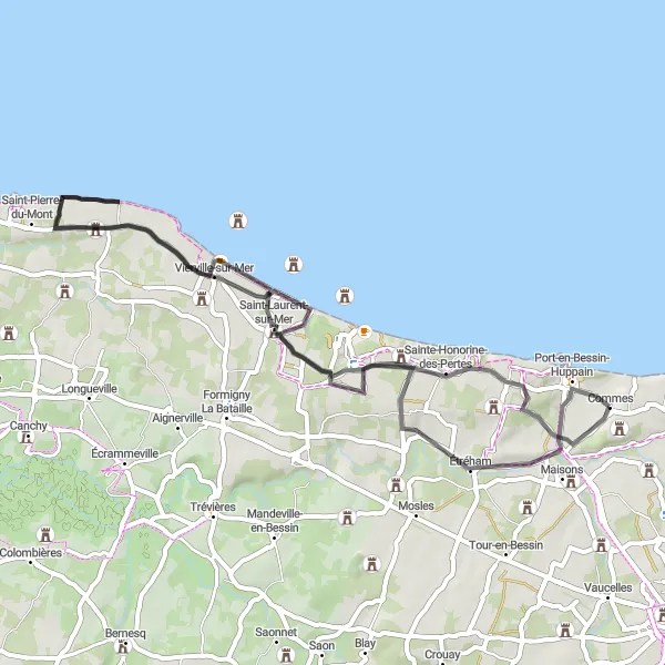 Map miniature of "The Coastal Landscapes of Normandy" cycling inspiration in Basse-Normandie, France. Generated by Tarmacs.app cycling route planner