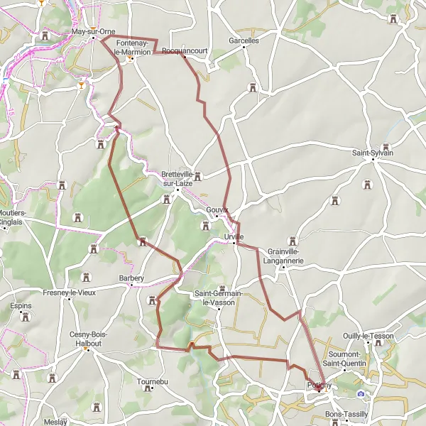 Map miniature of "Potigny to Urville Gravel Cycling Route" cycling inspiration in Basse-Normandie, France. Generated by Tarmacs.app cycling route planner