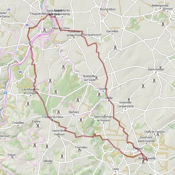 Map miniature of "Fontaine-le-Pin to Bons-Tassilly Gravel Cycling Route" cycling inspiration in Basse-Normandie, France. Generated by Tarmacs.app cycling route planner