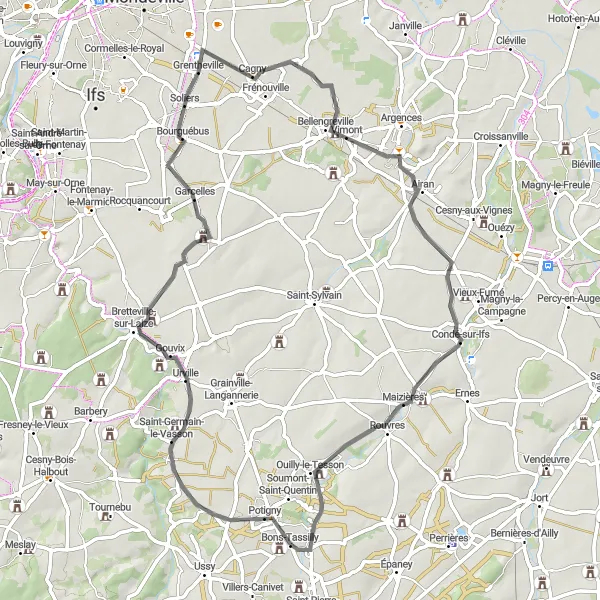 Map miniature of "Fontaine-le-Pin to Manoir d'Ouilly Road Cycling Route" cycling inspiration in Basse-Normandie, France. Generated by Tarmacs.app cycling route planner