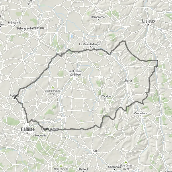 Miniature de la carte de l'inspiration cycliste "Parcours Mézidon et Bons-Tassilly" dans la Basse-Normandie, France. Générée par le planificateur d'itinéraire cycliste Tarmacs.app