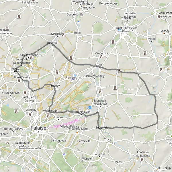 Map miniature of "Potigny to Bons-Tassilly Road Cycling Route" cycling inspiration in Basse-Normandie, France. Generated by Tarmacs.app cycling route planner