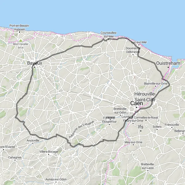 Map miniature of "Normandy Coastal Delight" cycling inspiration in Basse-Normandie, France. Generated by Tarmacs.app cycling route planner