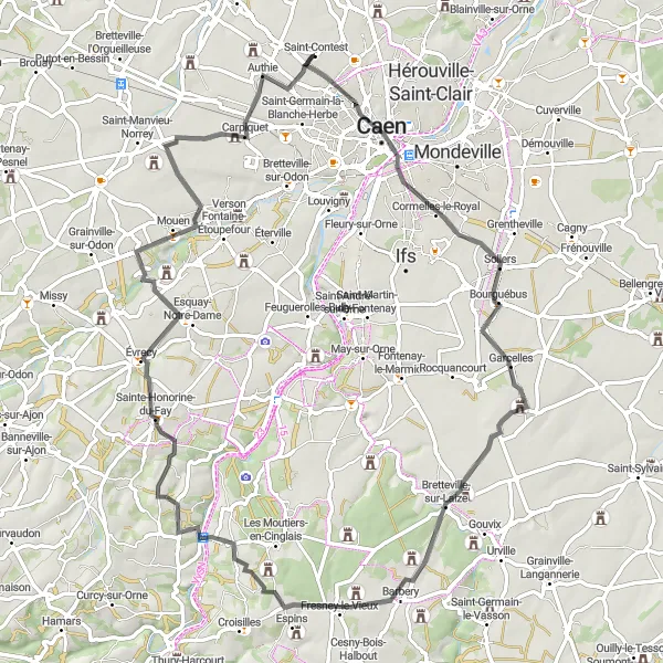 Map miniature of "The Hillside Retreat" cycling inspiration in Basse-Normandie, France. Generated by Tarmacs.app cycling route planner