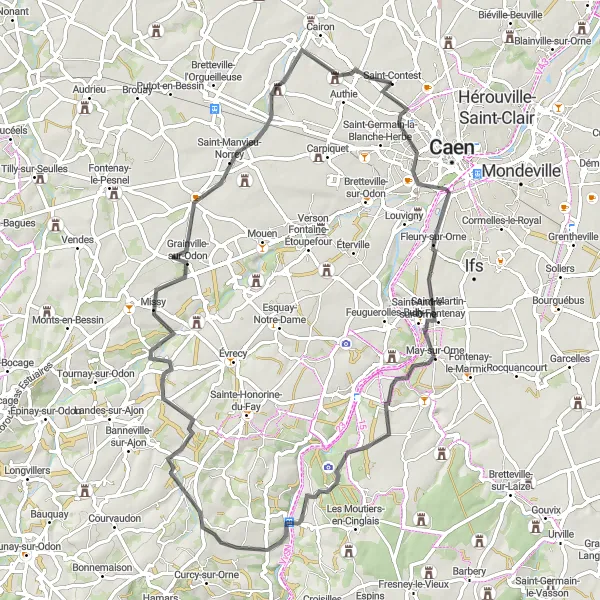 Map miniature of "Road Cycling Route near Saint-Contest" cycling inspiration in Basse-Normandie, France. Generated by Tarmacs.app cycling route planner