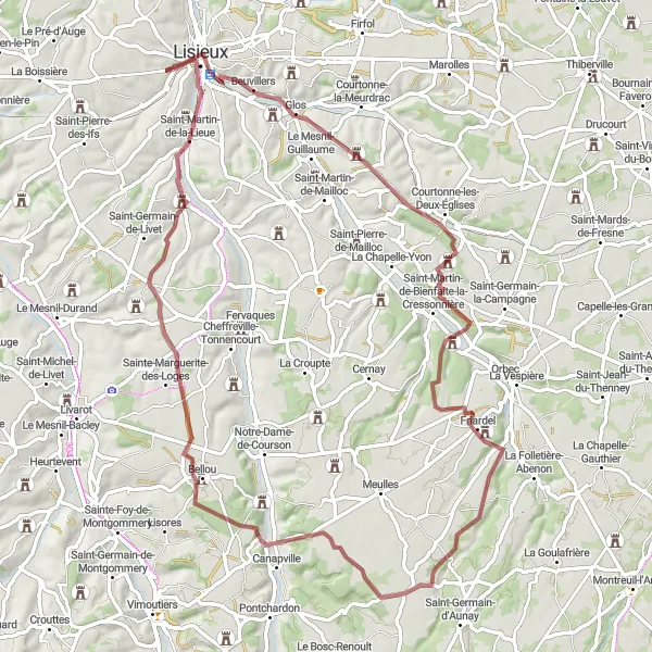 Miniature de la carte de l'inspiration cycliste "Circuit des Chemins de Traverse" dans la Basse-Normandie, France. Générée par le planificateur d'itinéraire cycliste Tarmacs.app