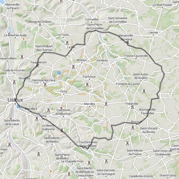 Miniature de la carte de l'inspiration cycliste "Les collines du Pays d'Auge" dans la Basse-Normandie, France. Générée par le planificateur d'itinéraire cycliste Tarmacs.app