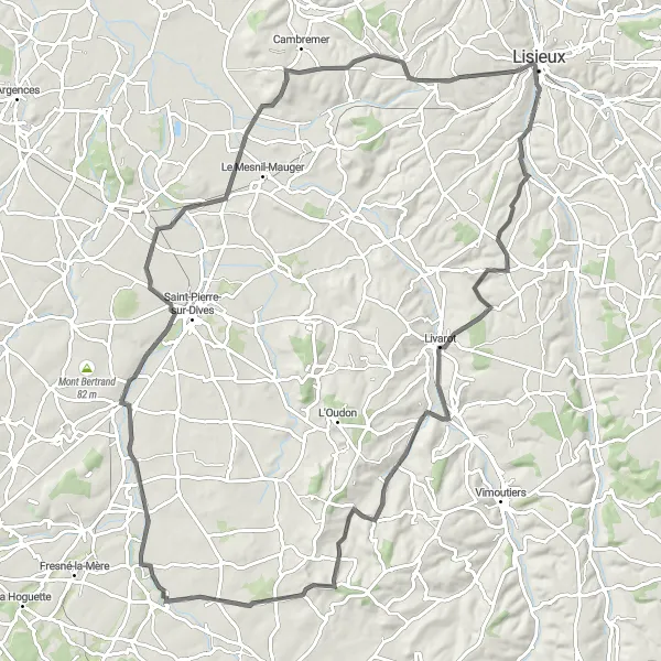 Miniature de la carte de l'inspiration cycliste "Boucle des Manoirs et Châteaux" dans la Basse-Normandie, France. Générée par le planificateur d'itinéraire cycliste Tarmacs.app