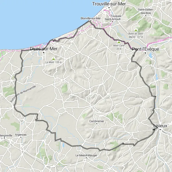 Miniature de la carte de l'inspiration cycliste "Escapade Côtière en Normandie" dans la Basse-Normandie, France. Générée par le planificateur d'itinéraire cycliste Tarmacs.app