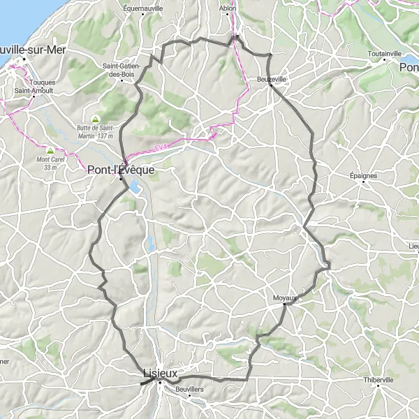 Miniature de la carte de l'inspiration cycliste "Parcours des Pays d'Auge" dans la Basse-Normandie, France. Générée par le planificateur d'itinéraire cycliste Tarmacs.app