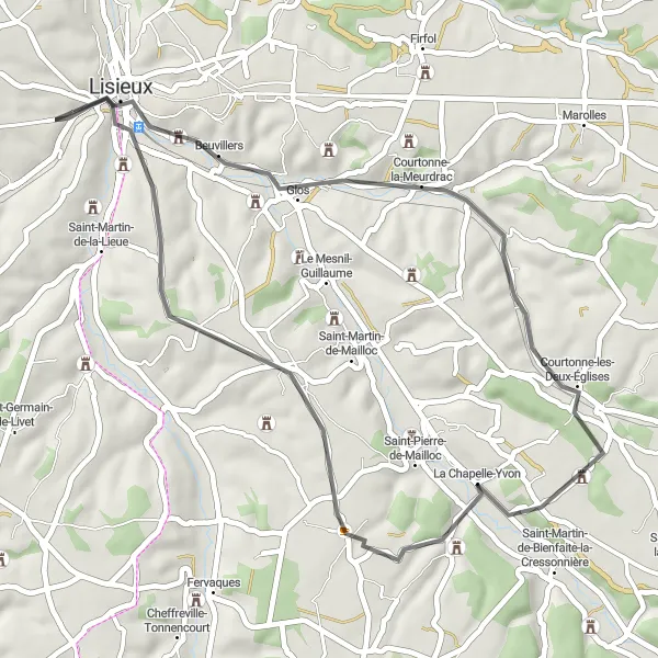 Miniature de la carte de l'inspiration cycliste "Boucle des Manoirs Normands" dans la Basse-Normandie, France. Générée par le planificateur d'itinéraire cycliste Tarmacs.app