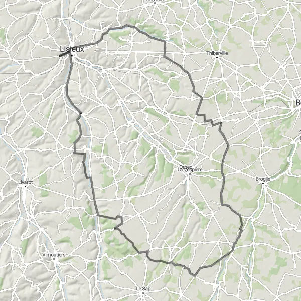 Miniature de la carte de l'inspiration cycliste "La Vallée de l'Auge" dans la Basse-Normandie, France. Générée par le planificateur d'itinéraire cycliste Tarmacs.app