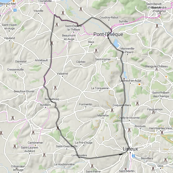 Miniature de la carte de l'inspiration cycliste "Boucle des manoirs normands" dans la Basse-Normandie, France. Générée par le planificateur d'itinéraire cycliste Tarmacs.app