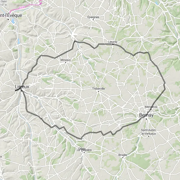 Map miniature of "The Bernay Adventure" cycling inspiration in Basse-Normandie, France. Generated by Tarmacs.app cycling route planner