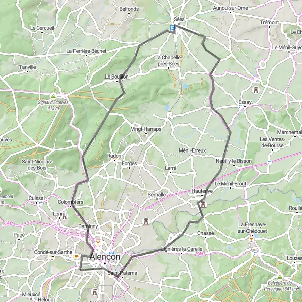 Miniature de la carte de l'inspiration cycliste "Boucle jusqu'à Le Chevain" dans la Basse-Normandie, France. Générée par le planificateur d'itinéraire cycliste Tarmacs.app