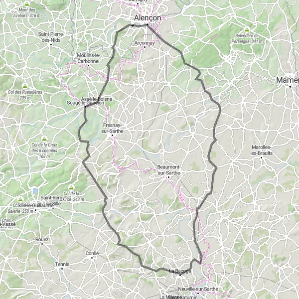 Miniature de la carte de l'inspiration cycliste "Parcours vers Alençon et retour" dans la Basse-Normandie, France. Générée par le planificateur d'itinéraire cycliste Tarmacs.app