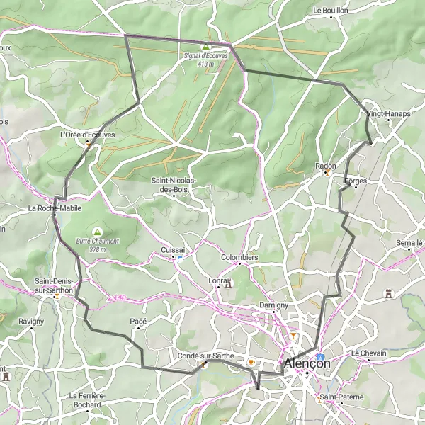 Miniature de la carte de l'inspiration cycliste "Parcours à vélo à travers les collines de Normandie" dans la Basse-Normandie, France. Générée par le planificateur d'itinéraire cycliste Tarmacs.app