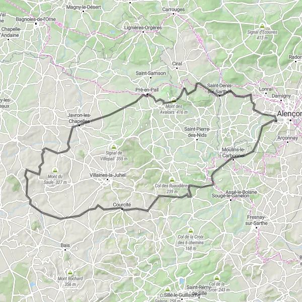Miniature de la carte de l'inspiration cycliste "Défi jusqu'au Mont des Avaloirs" dans la Basse-Normandie, France. Générée par le planificateur d'itinéraire cycliste Tarmacs.app