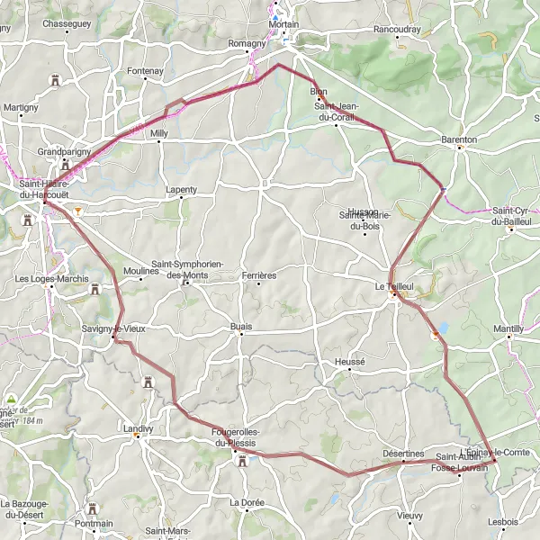 Map miniature of "Rural Gravel Exploration" cycling inspiration in Basse-Normandie, France. Generated by Tarmacs.app cycling route planner