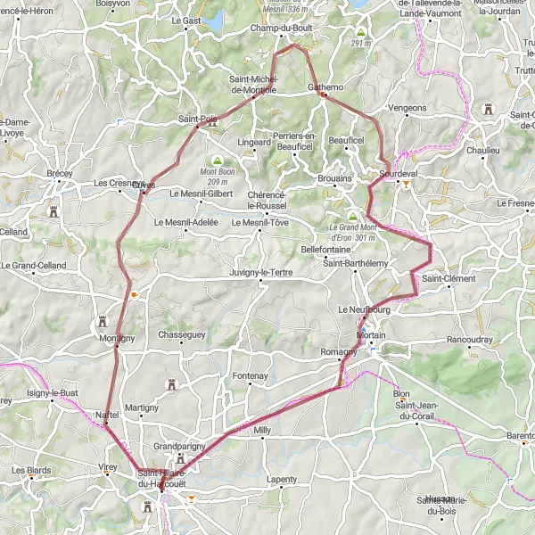 Miniature de la carte de l'inspiration cycliste "Les collines de Mortain" dans la Basse-Normandie, France. Générée par le planificateur d'itinéraire cycliste Tarmacs.app