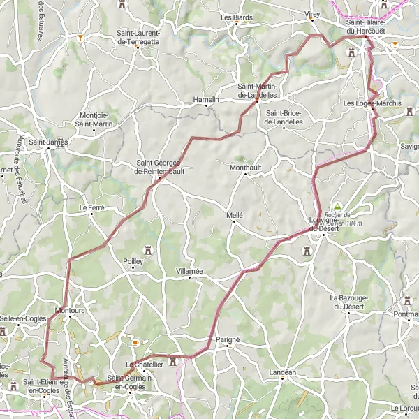Miniature de la carte de l'inspiration cycliste "Circuit de la Vieuville et Montours" dans la Basse-Normandie, France. Générée par le planificateur d'itinéraire cycliste Tarmacs.app