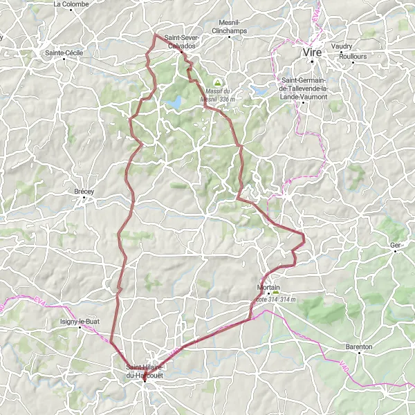 Map miniature of "Challenging Gravel Circuit" cycling inspiration in Basse-Normandie, France. Generated by Tarmacs.app cycling route planner