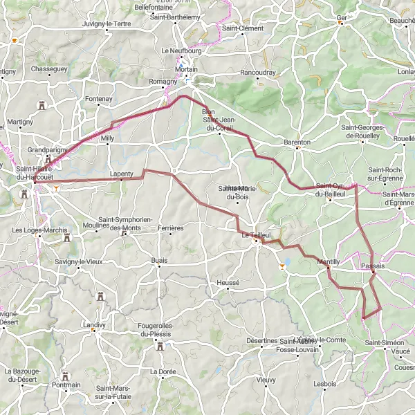 Miniature de la carte de l'inspiration cycliste "Tour des Vallées Secretes" dans la Basse-Normandie, France. Générée par le planificateur d'itinéraire cycliste Tarmacs.app