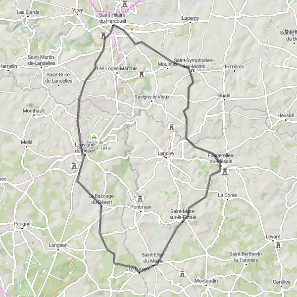 Miniature de la carte de l'inspiration cycliste "Escapade dans les Monts de la Baie" dans la Basse-Normandie, France. Générée par le planificateur d'itinéraire cycliste Tarmacs.app