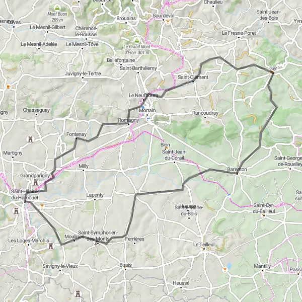 Map miniature of "Challenge Yourself on the Roads of Saint-Hilaire-du-Harcouët" cycling inspiration in Basse-Normandie, France. Generated by Tarmacs.app cycling route planner