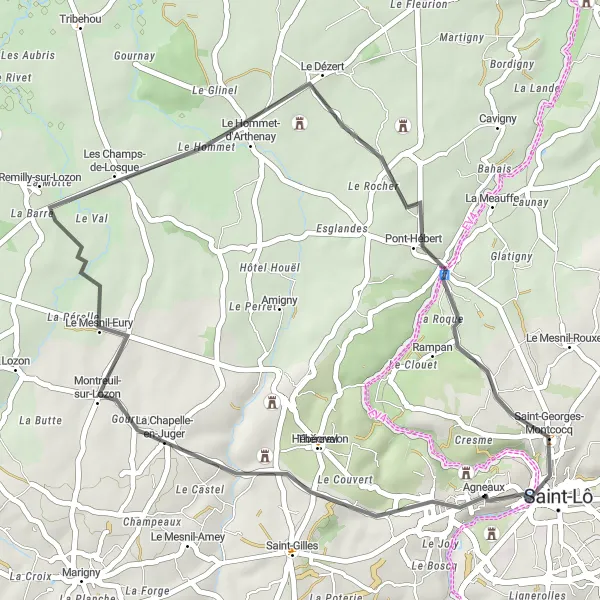 Miniature de la carte de l'inspiration cycliste "Parcours de 36 km à travers les villages normands" dans la Basse-Normandie, France. Générée par le planificateur d'itinéraire cycliste Tarmacs.app