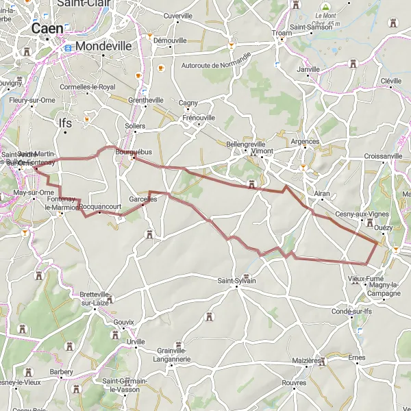 Miniature de la carte de l'inspiration cycliste "Boucle de Poussy-la-Campagne" dans la Basse-Normandie, France. Générée par le planificateur d'itinéraire cycliste Tarmacs.app