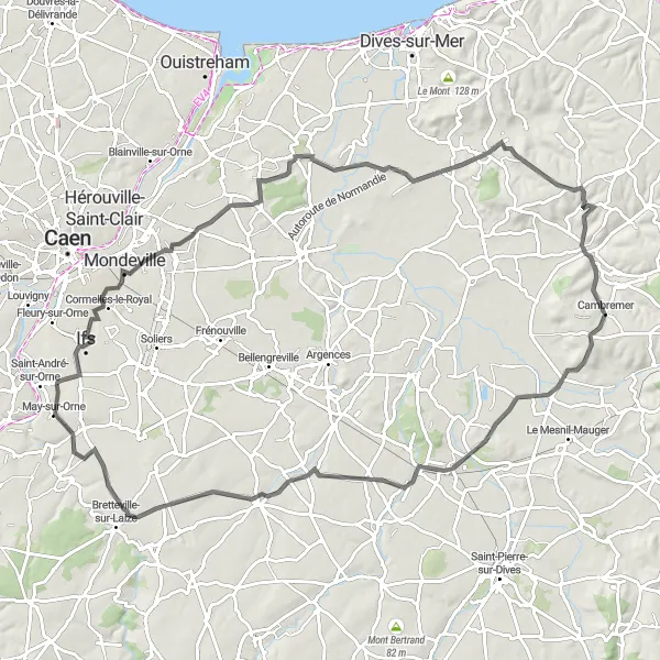 Miniature de la carte de l'inspiration cycliste "Les Collines de Normandie" dans la Basse-Normandie, France. Générée par le planificateur d'itinéraire cycliste Tarmacs.app