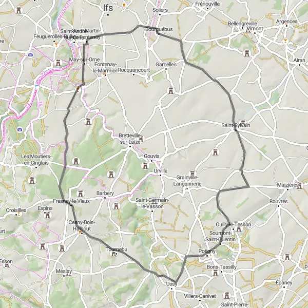Miniature de la carte de l'inspiration cycliste "Parcours de Cesny-Bois-Halbout" dans la Basse-Normandie, France. Générée par le planificateur d'itinéraire cycliste Tarmacs.app