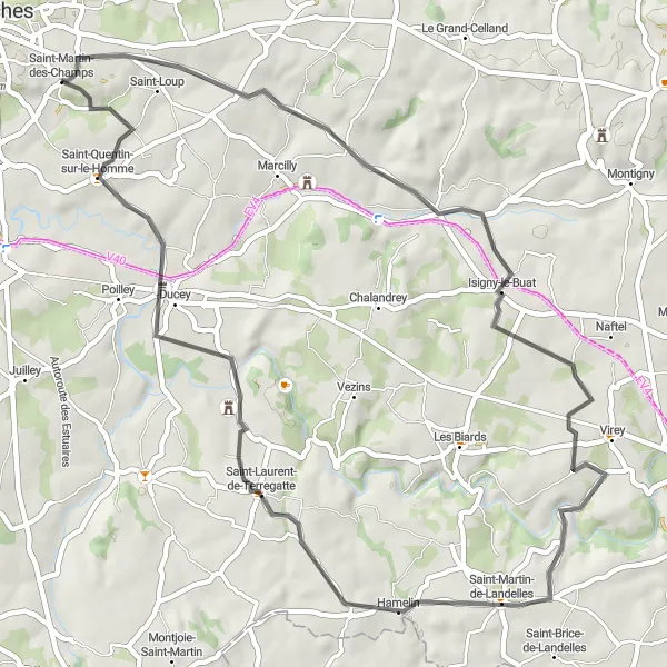 Map miniature of "Montgothier to Saint-Quentin-sur-le-Homme Road Cycling Route" cycling inspiration in Basse-Normandie, France. Generated by Tarmacs.app cycling route planner