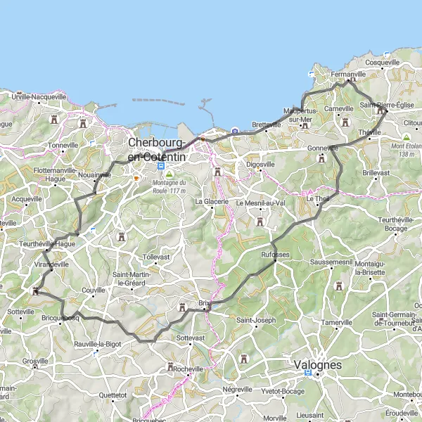 Map miniature of "Exploring the Hague Peninsula" cycling inspiration in Basse-Normandie, France. Generated by Tarmacs.app cycling route planner