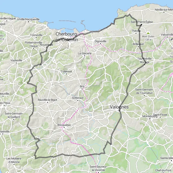 Map miniature of "Coastal Wonder: Valognes to Fermanville" cycling inspiration in Basse-Normandie, France. Generated by Tarmacs.app cycling route planner