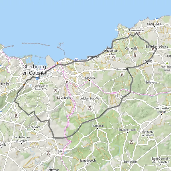 Map miniature of "Charming Villages: Gonneville to Fermanville" cycling inspiration in Basse-Normandie, France. Generated by Tarmacs.app cycling route planner