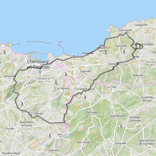 Miniature de la carte de l'inspiration cycliste "Escapade Cycliste à Hardinvast et Tourlaville" dans la Basse-Normandie, France. Générée par le planificateur d'itinéraire cycliste Tarmacs.app