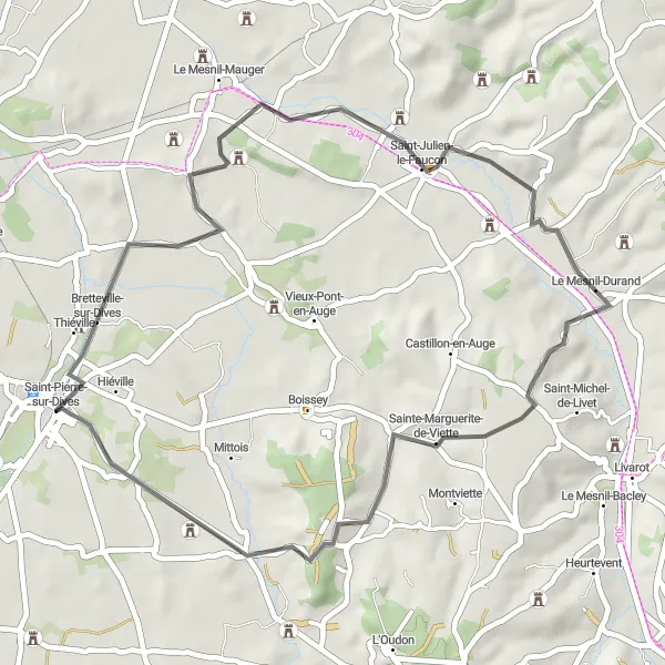 Map miniature of "Bassin de la Dives" cycling inspiration in Basse-Normandie, France. Generated by Tarmacs.app cycling route planner