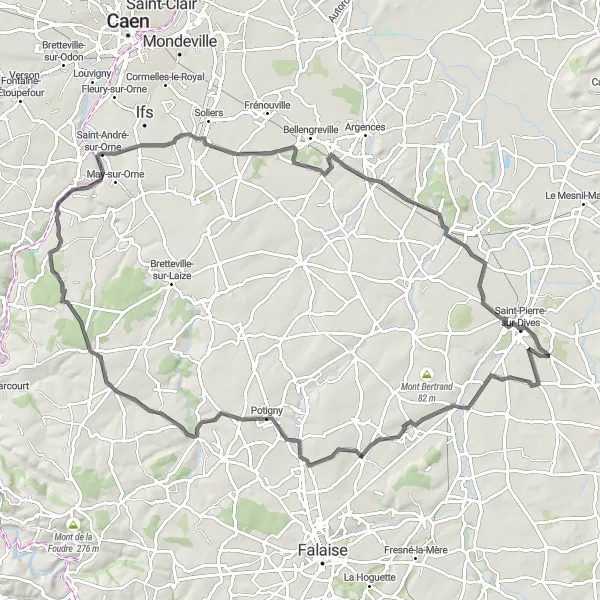 Map miniature of "The Hills and Valleys of Normandy" cycling inspiration in Basse-Normandie, France. Generated by Tarmacs.app cycling route planner