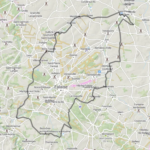 Miniature de la carte de l'inspiration cycliste "Parcours pittoresque à vélo sur les routes de Normandie" dans la Basse-Normandie, France. Générée par le planificateur d'itinéraire cycliste Tarmacs.app