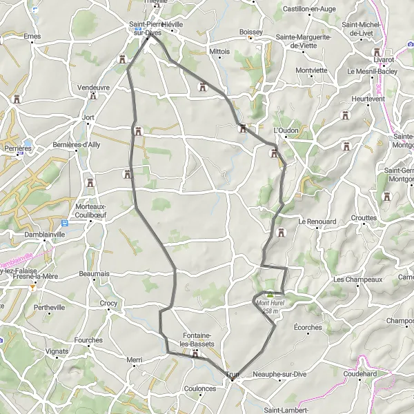 Miniature de la carte de l'inspiration cycliste "Aventure cycliste à travers les collines normandes" dans la Basse-Normandie, France. Générée par le planificateur d'itinéraire cycliste Tarmacs.app