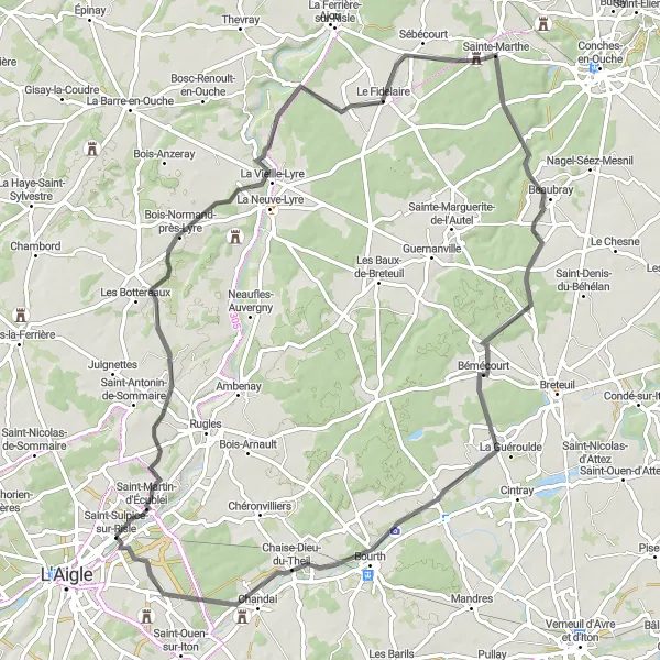 Miniature de la carte de l'inspiration cycliste "La Boucle des Châteaux Normands" dans la Basse-Normandie, France. Générée par le planificateur d'itinéraire cycliste Tarmacs.app