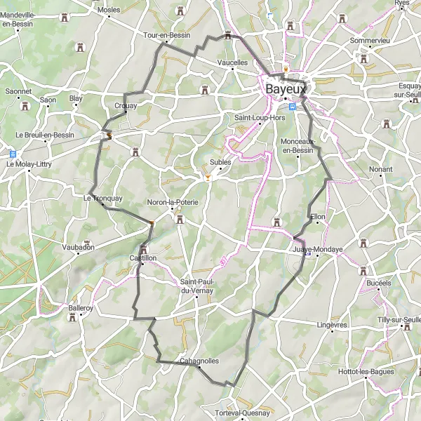 Miniature de la carte de l'inspiration cycliste "Route Historique de Saint-Vigor-le-Grand" dans la Basse-Normandie, France. Générée par le planificateur d'itinéraire cycliste Tarmacs.app