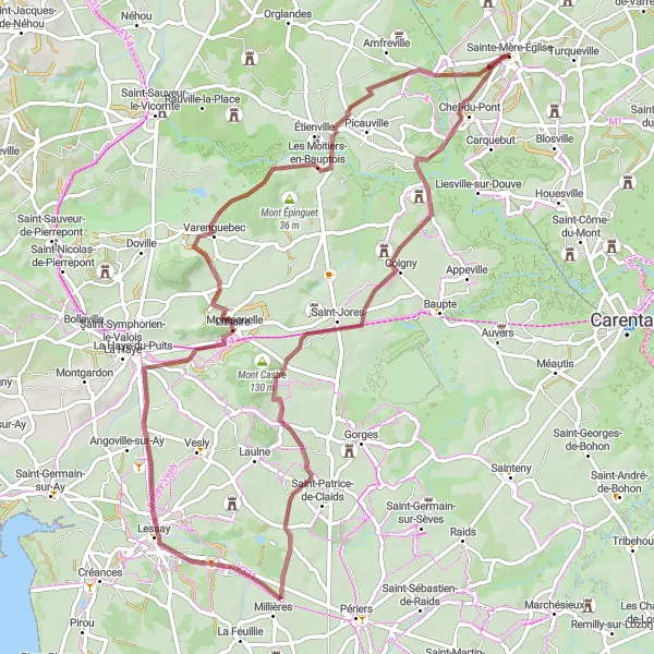 Miniature de la carte de l'inspiration cycliste "Exploration de Lessay et Coigny" dans la Basse-Normandie, France. Générée par le planificateur d'itinéraire cycliste Tarmacs.app