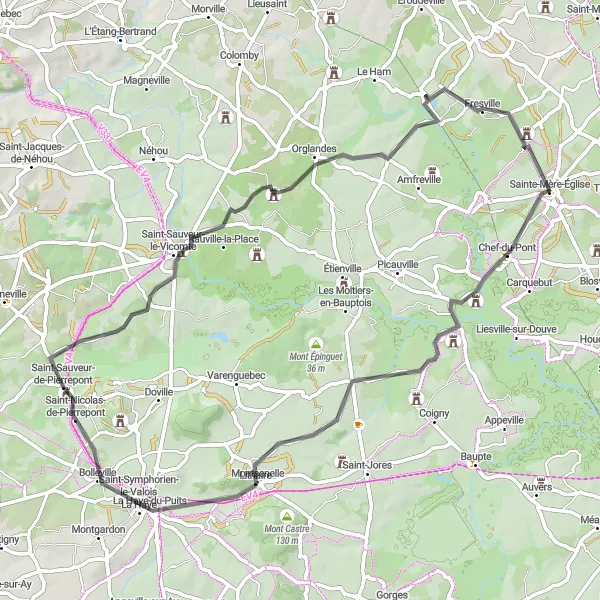 Miniature de la carte de l'inspiration cycliste "Parcours rural de 63 km à travers la campagne normande" dans la Basse-Normandie, France. Générée par le planificateur d'itinéraire cycliste Tarmacs.app