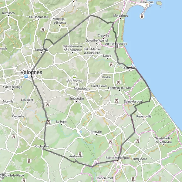 Map miniature of "Coastal Escape" cycling inspiration in Basse-Normandie, France. Generated by Tarmacs.app cycling route planner