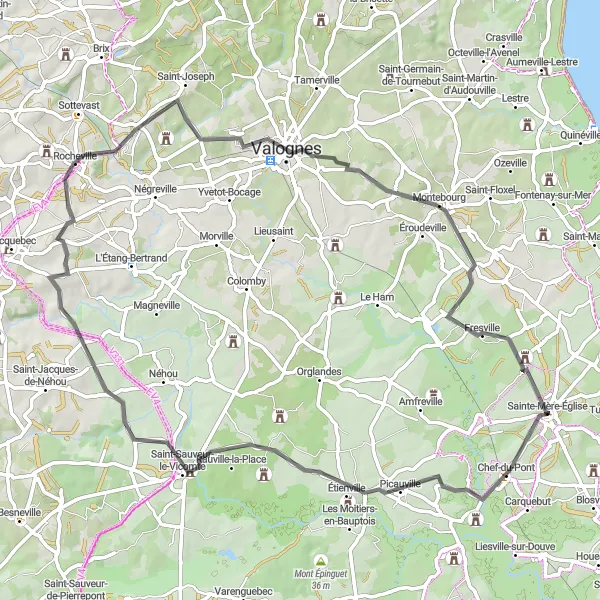 Map miniature of "The Saint-Sauveur-le-Vicomte Road Escape" cycling inspiration in Basse-Normandie, France. Generated by Tarmacs.app cycling route planner