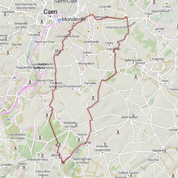 Map miniature of "Gravel Route: Historical Landmarks and Rolling Landscapes" cycling inspiration in Basse-Normandie, France. Generated by Tarmacs.app cycling route planner